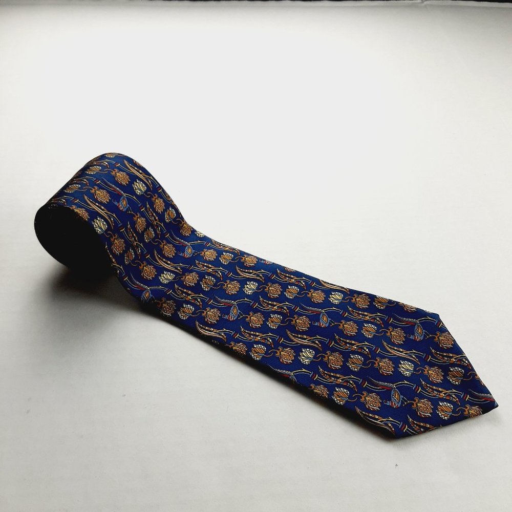 Salvatore Ferragamo Mens Tie Navy Blue Ornate Bird Print 100% Silk Classic